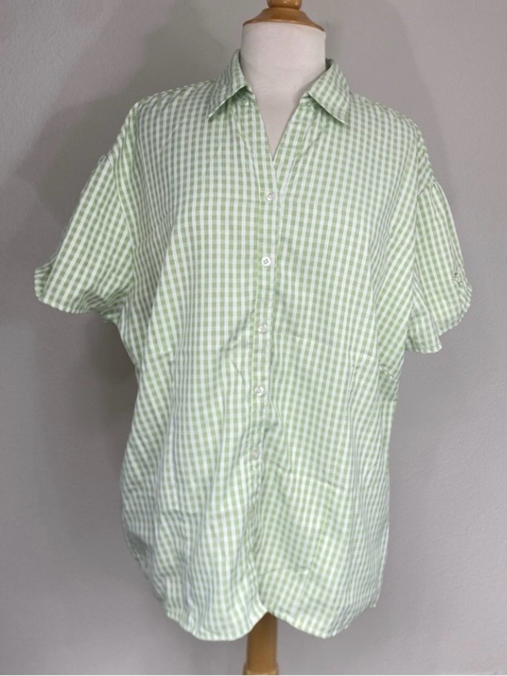 Uniti Casuals Women's Lime Green Gingham Collared Button Shirt Size 3X Coastal